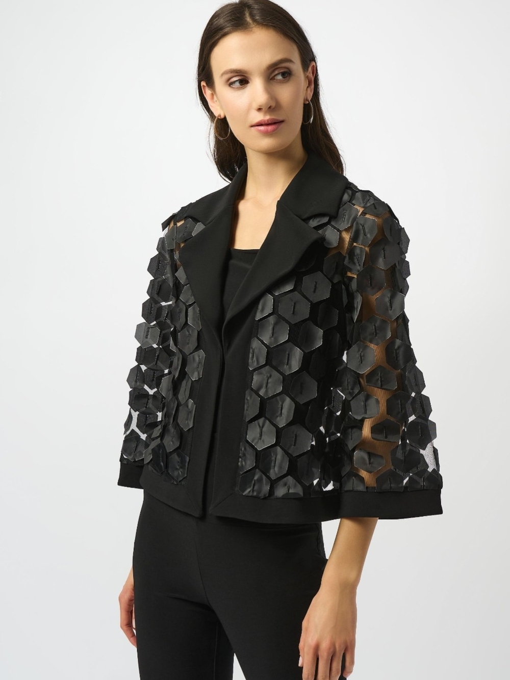 Joseph Ribkoff Black/Silver Embroidered Mesh & Silky Knit Trapeze Jacket Style 2